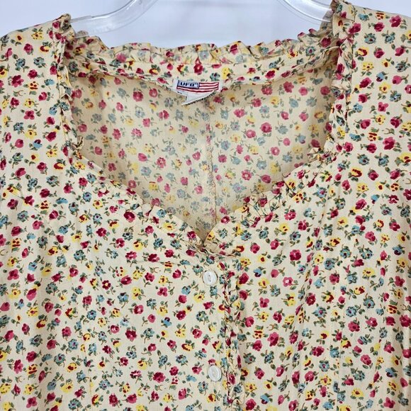 Midi A Line Dress Large Floral Yellow Button Pockets Boho Cottage Country Modest - Picture 3 of 10